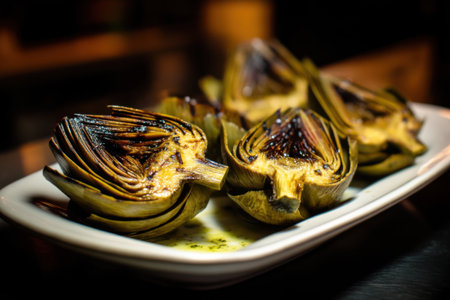artichokes cooked in the oven on a white plate in a restaurantの素材