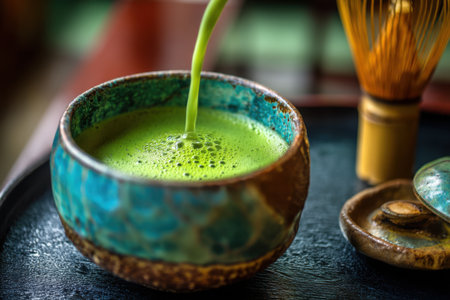 Matcha green tea in a ceramic cup on a black background.の素材