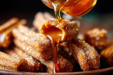 Close up of honey pouring from a wooden spoon into a bowl of cookiesの素材