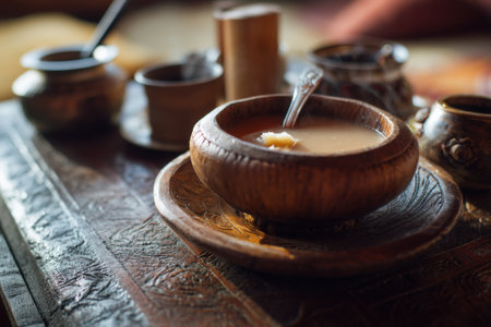 Cup of tea with honey on wooden table in oriental styleの素材