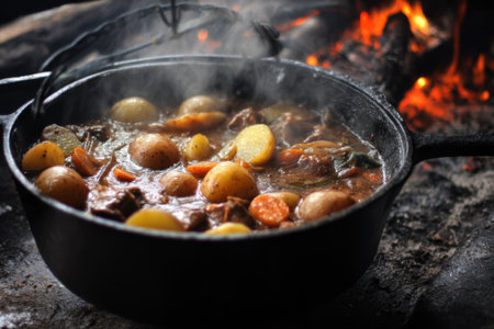 Beef stew with potatoes and carrots in a cast-iron frying panの素材