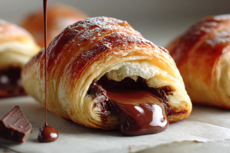 Tasty croissants with chocolate on baking paper, closeupの素材