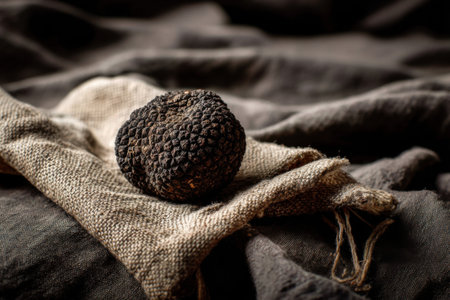 Black truffles on a burlap background. Selective focus.の素材