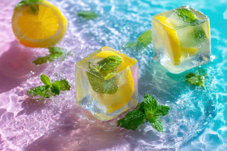 Ice cubes with lemon, mint and ice cubes on a blue backgroundの素材