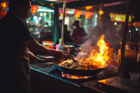 Chef preparing food in a wok in the night market.の素材