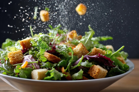 Fresh salad with croutons, arugula and parmesanの素材