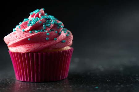 Cupcake with pink frosting and blue sprinkles on a black backgroundの素材