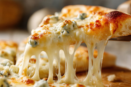 Pizza with blue cheese on a wooden board, close-upの素材