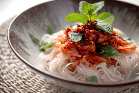 Rice vermicelli with kimchi, closeupの素材