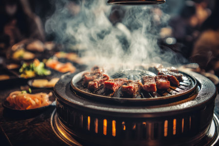 Barbeque grill in a restaurant, close-up view.の素材