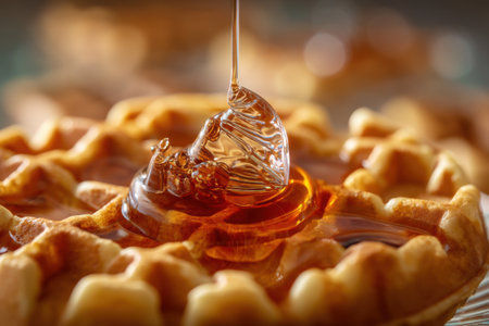 Honey dripping from a spoon into a waffle, closeupの素材