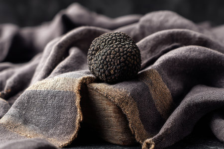 Black truffle on fabric background. Black truffle. Black truffle.の素材