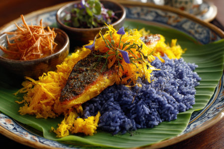 Fried fish with sticky rice and coconut milk, Thai traditional foodの素材