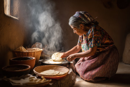 Old woman making bread in traditional way in the village of Chiang Mai, Thailandの素材