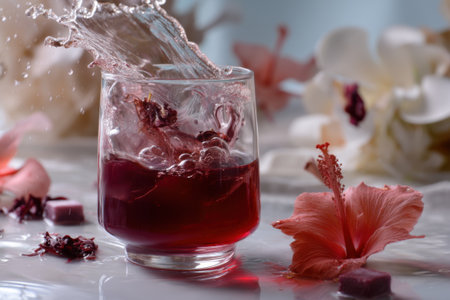 Hibiscus tea in a glass with splashes of waterの素材