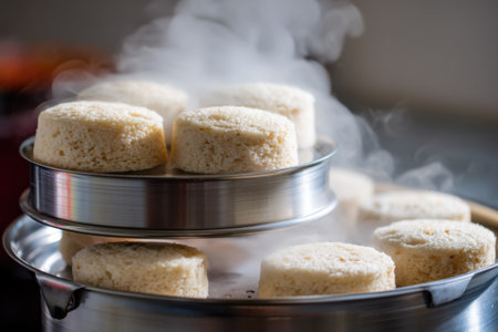 Close up of steamed rice cake in stainless steel steamer.の素材