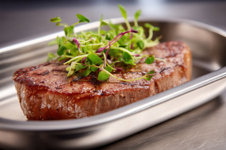 Grilled steak with microgreens on a stainless steel plate.の素材