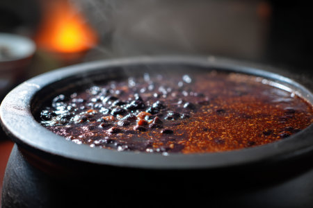 Close-up of black currant soup in a pot on fireの素材