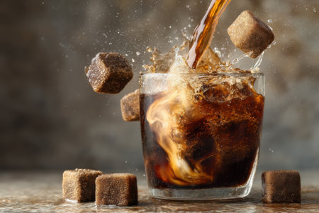 Pouring cola into glass with ice cubes on grey background, closeupの素材