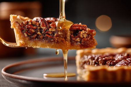 Piece of tasty pie with nuts and honey on plate, closeupの素材