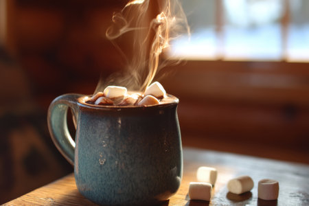 Hot chocolate with marshmallows in a blue cup on a wooden tableの素材