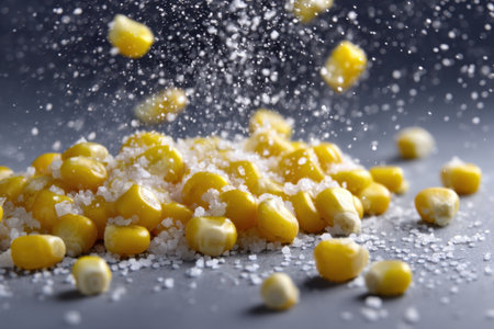 Corn flakes falling on the table. Corn grains on a black background.の素材