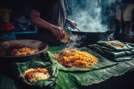 Close up of Thai street food on banana leaf at night market.の素材