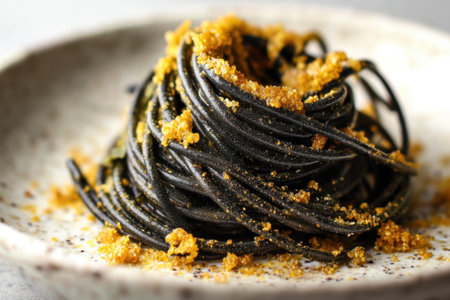 Black pasta with lemon zest on a plate, close-upの素材