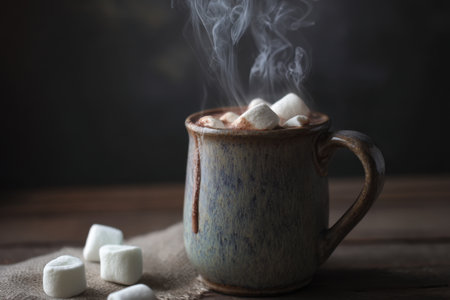 Hot chocolate with marshmallows on a wooden table, selective focusの素材