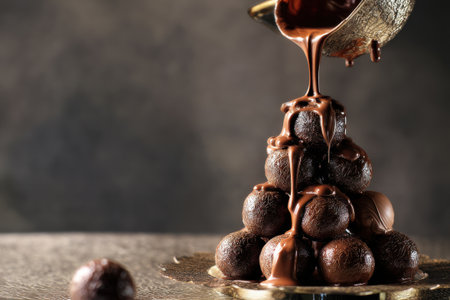 Chocolate truffles with dark chocolate sauce on dark background.の素材