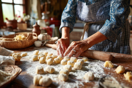 Elderly woman kneading dough for homemade gnocchiの素材