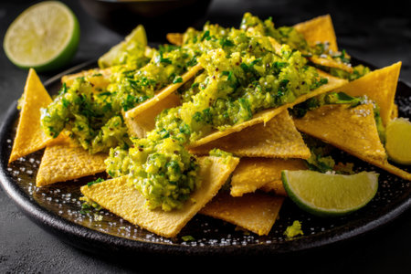 Mexican corn tortilla chips with guacamole and limeの素材