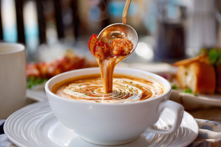 Creamy lobster soup in a white bowl on a wooden tableの素材