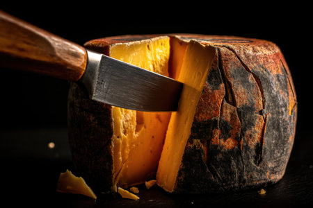 Cheese collection, piece of gouda cheese and knife on black backgroundの素材