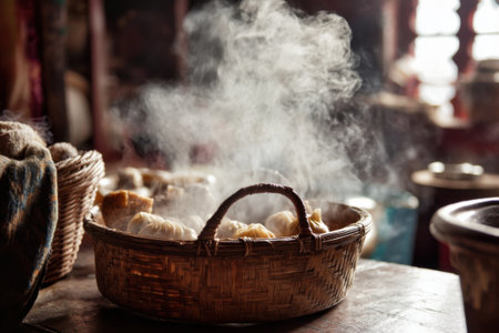 Bread with steam in a wicker basket on a wooden tableの素材