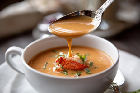 Lobster cream soup in a bowl with spoon, selective focusの素材