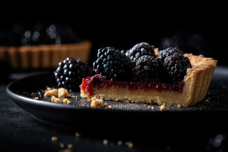 Homemade blackberry tart with fresh berries on a black background.の素材