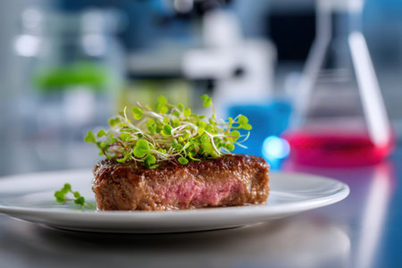 Beef steak with microgreens on white plate and laboratory backgroundの素材