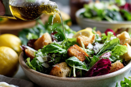 Fresh salad with croutons, feta cheese and red radicchioの素材