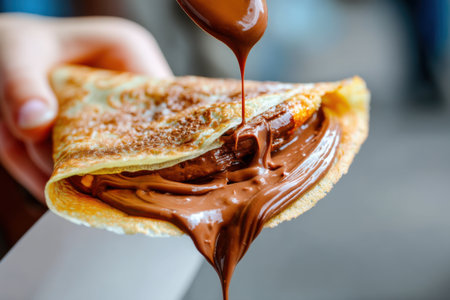 pancakes with melted chocolate, close-up, selective focusの素材
