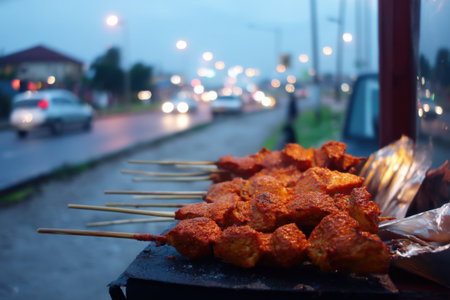 Grilled chicken on the street in the evening. Street food.の素材