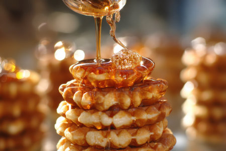 Honey pouring from a honey dipper into a stack of wafflesの素材