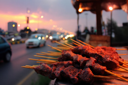 Skewers of meat on the street in the evening.の素材