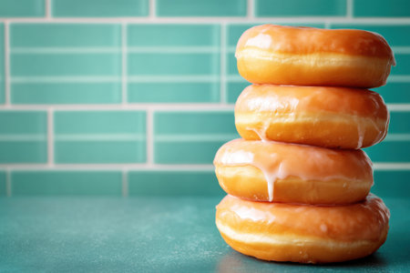 Stack of glazed donuts on green background. Toned.の素材