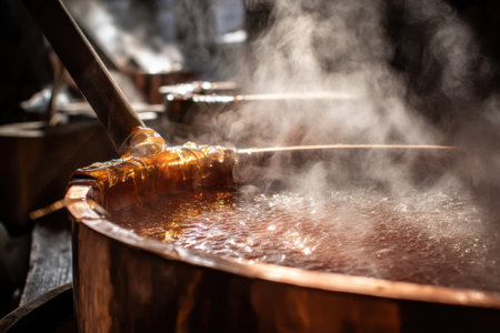 Close-up of boiling oil in a copper cauldron on a fireの素材