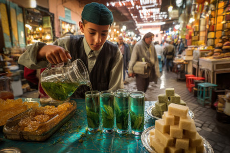 A young boy pours mint tea from a teapot into glasses on the Grand Bazaar.の素材