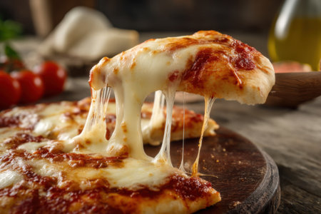 Pizza with melted cheese on a wooden board, close-upの素材