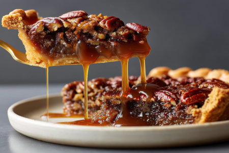 Pecan pie with caramel on a white plate, closeupの素材
