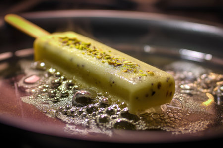Pistachio ice cream on a stick in a frying panの素材
