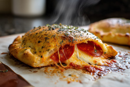 Pizza with mozzarella cheese and salami, selective focusの素材